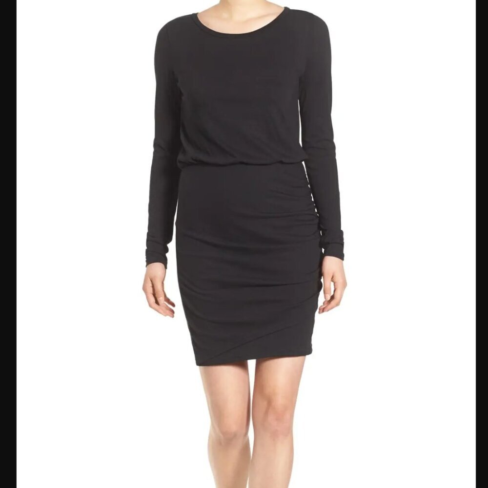 Leith Blouson Bodycon Ruched Dress Size Small Black Long Sleeve Mini LBD Cute